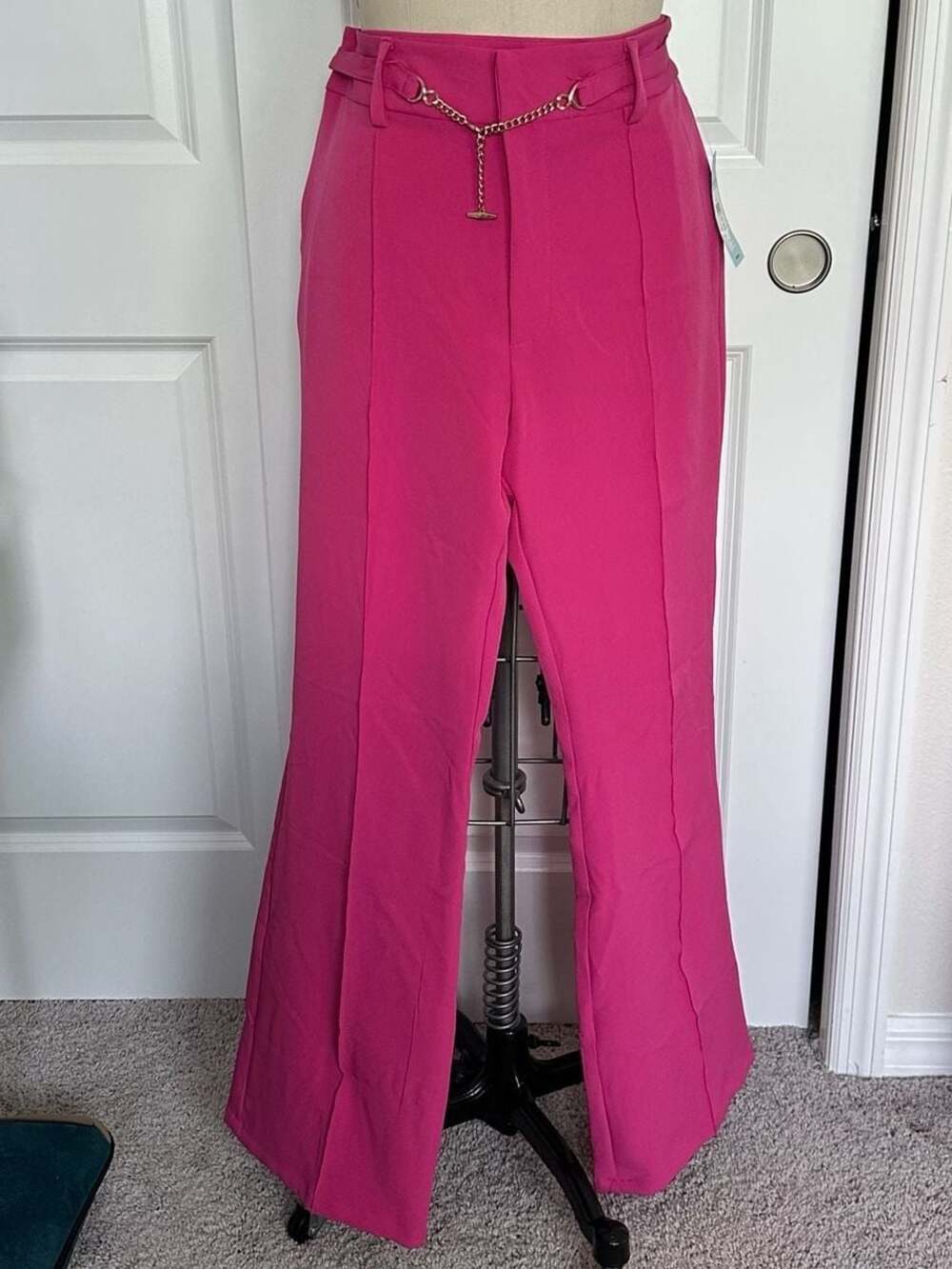 Blue Sol. Pink Wide Leg Trousers with Gold Chain Belt Size 12